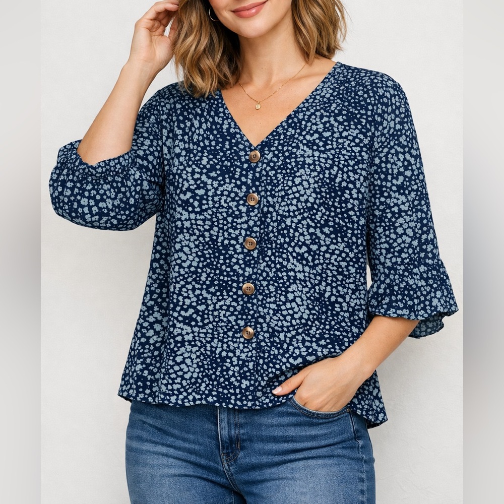 I Love Crissa- Teal Patterned Women's V Neck Top, Flutter 3/4 Sleeves